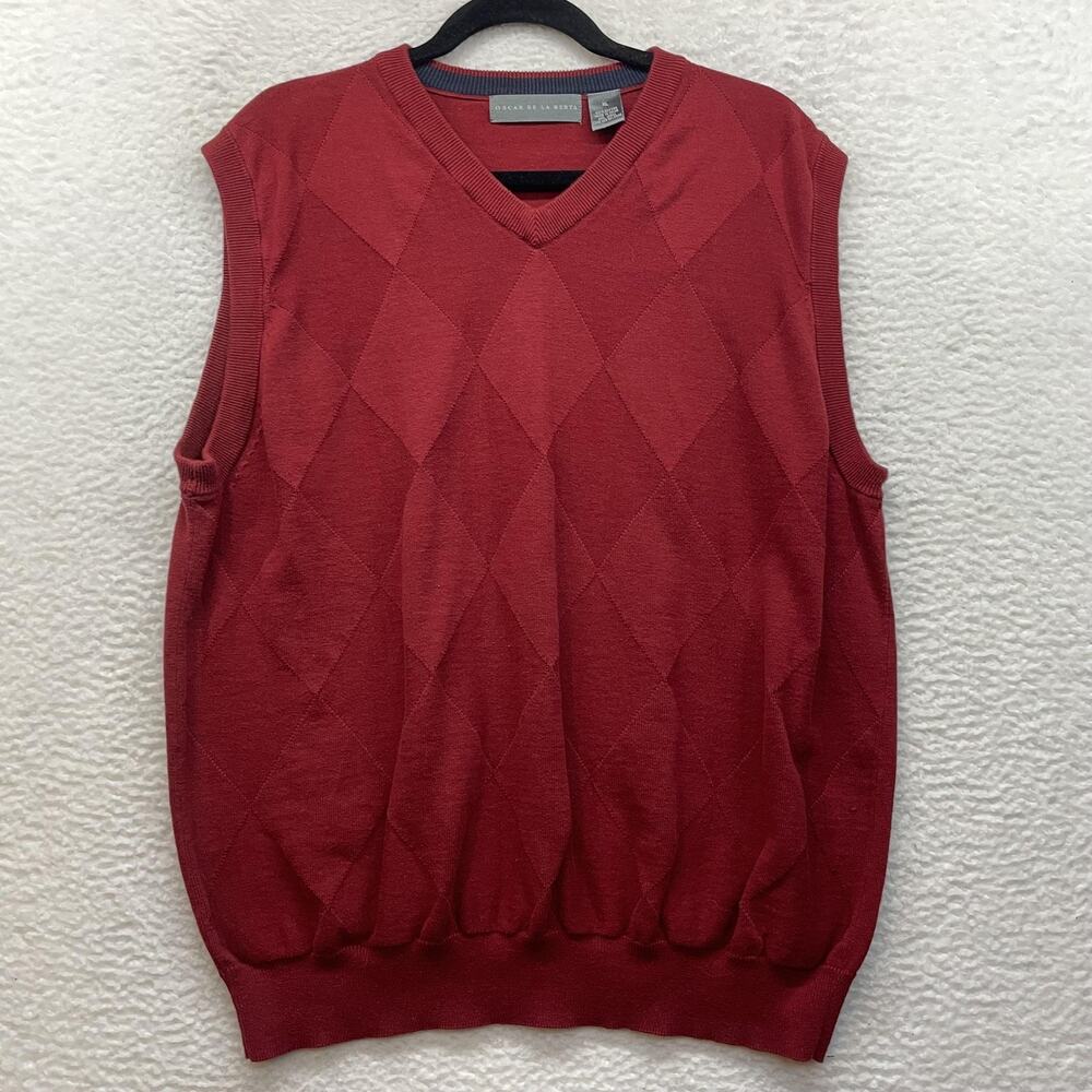 Oscar de la Renta Sweater Vest Mens XL Red V Neck Argyle Knit Preppy Academia